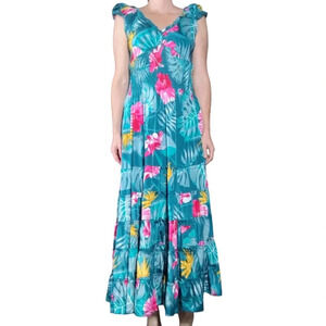Advance Apparels Hawaiian Silk Tropical Maxi Dress Hibiscus Palm Tiered Medium